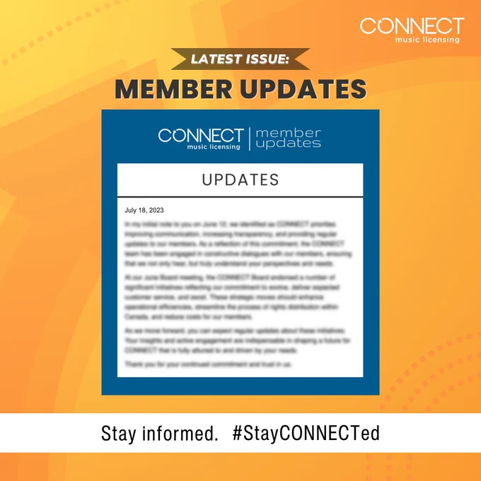 CONNECT Music Licensing
Latest issue: Member updates
Image of the CONNECT member updates letter.
Stay informed. #stayCONNECTed