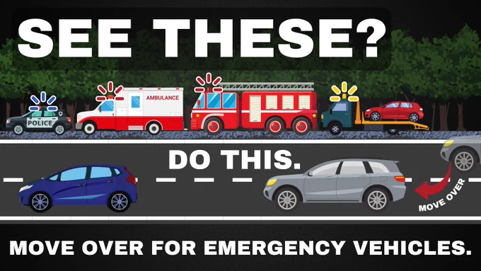 Illustrated graphic with a police car, ambulance, fire truck, and tow truck on the side of a road. Two cars driving on the road. One car is moving over accompanied by a red arrow with "MOVE OVER" text. Text says "See these? Do this. Move over for emergency vehicles." 