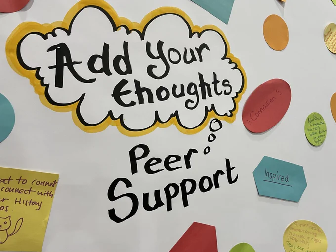 Thought cloud with peoples' thoughts about peer support. One bubble reads, 'connection'. 