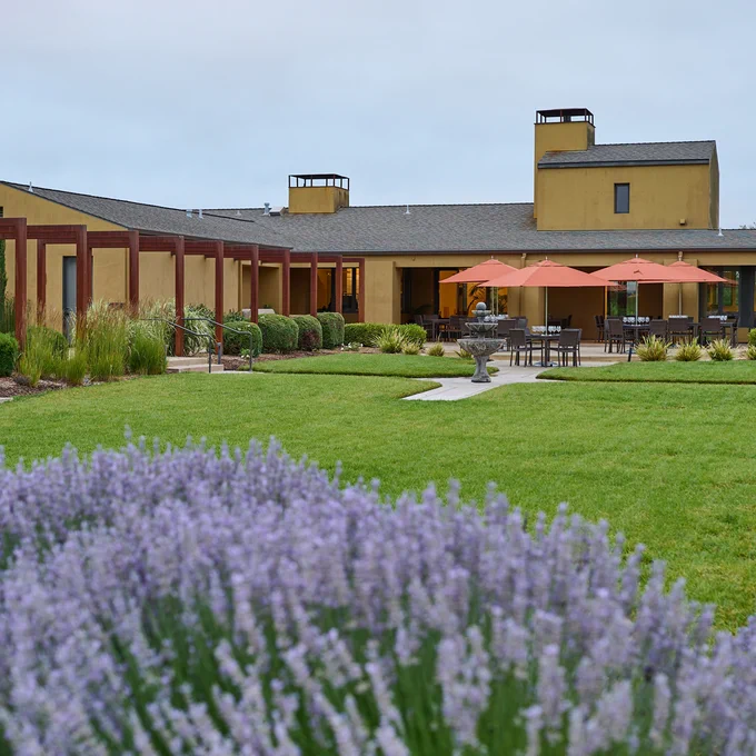 The outside of Patz&Hall's Sonoma House tasting room. It is a large building with outdoor umbrellas open and an expansive green lawn. 