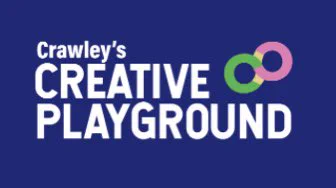 The logo for Creative Playground with a blue background, white lettering & a pink, yellow and green infinity shape indicating connectedness and playfulness