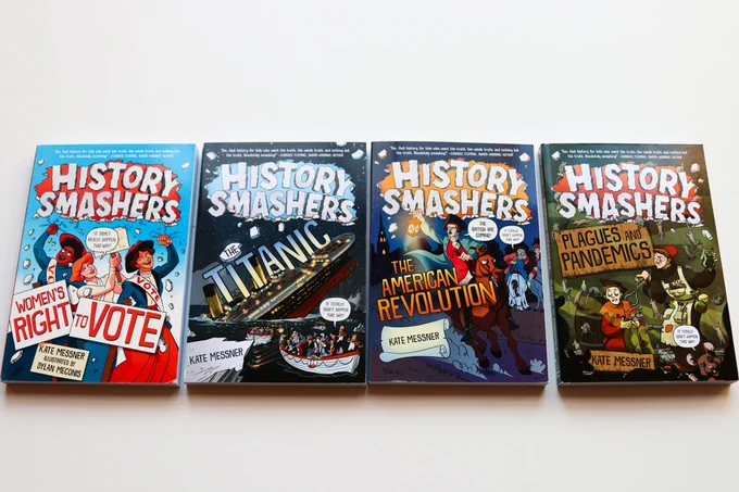 Covers of History Smashers books:  Women's Right to Vote, The Titanic, The American Revolution, and Plagues and Pandemics