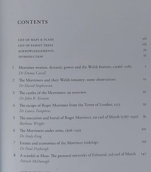 First page of contents of Mortimer History Society volume, with contributions fro Emma Cavell, David Stephenson, John Kenyon, Laura Tompkins, Barbara Wright, Andy King, Paul Dryburgh, and Patrick McDonagh.