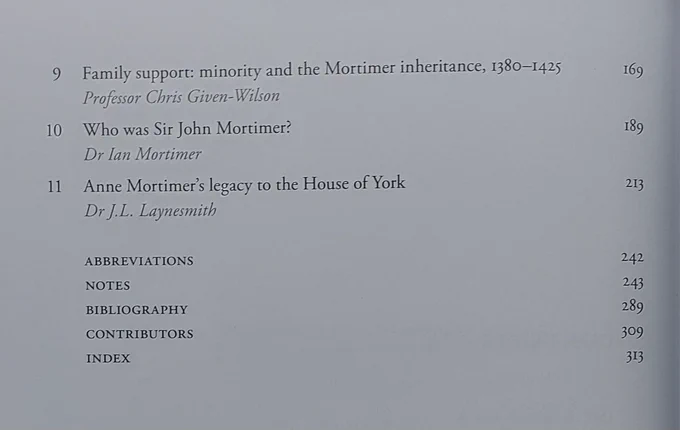 Second page of contents, with contributions from Chris Given-Wilson, Ian Mortimer, and Joanna Laynesmith.