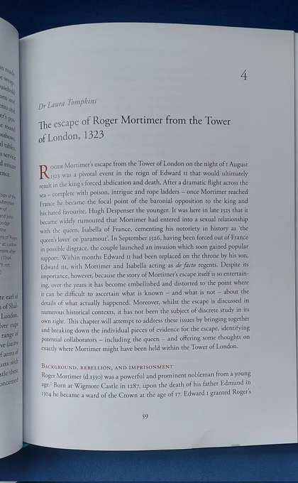 First page of Laura Tompkins' chapter, 'The escape of Roger Mortimer from the Tower of London, 1323'