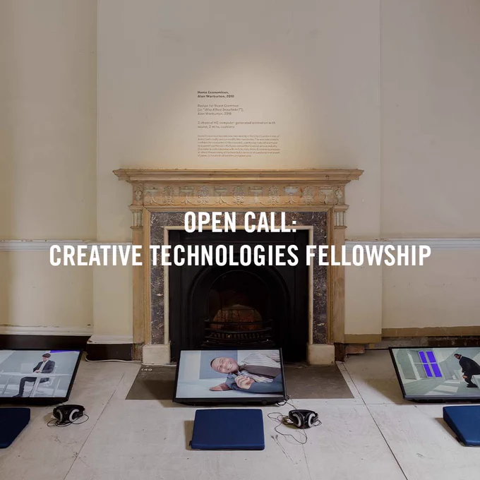 Graphic asset featuring the photo of three screens laying on the floor of Somerset House Studios with a graphic lettering on top that reads: Open Call: Creative Technologies Fellowship
