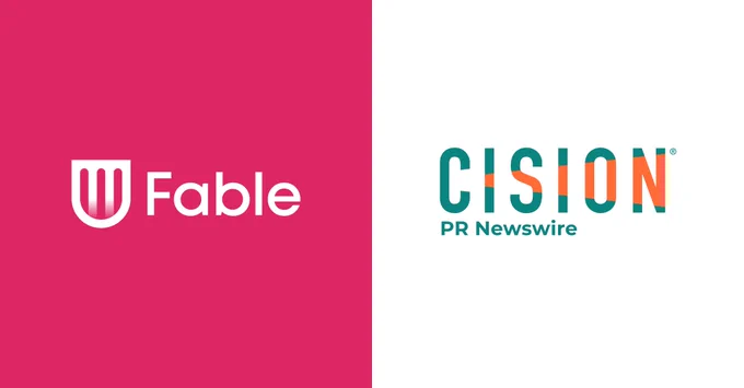 White Fable logo on pink background. Cision PR Newswire logo on white background.