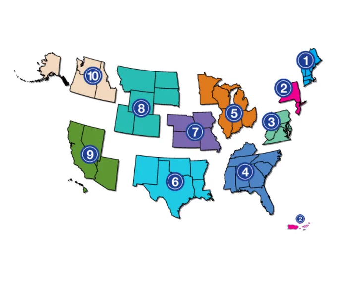 A numbered, multi-color map of the ADA National Network.
