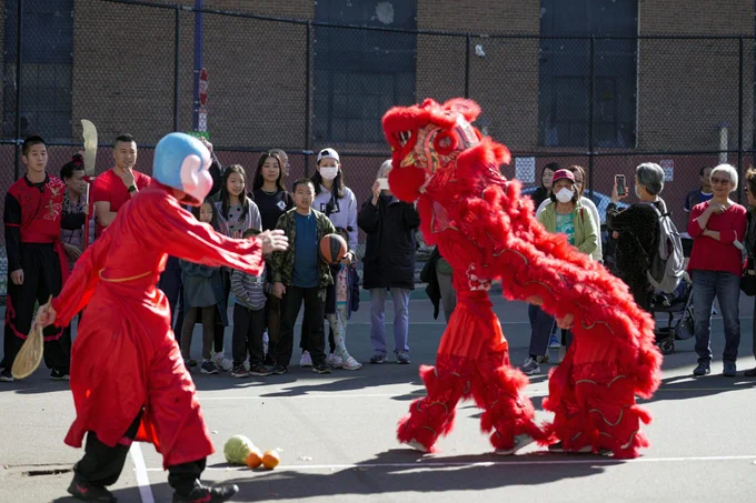 Photo of an outdoor lion dance performance