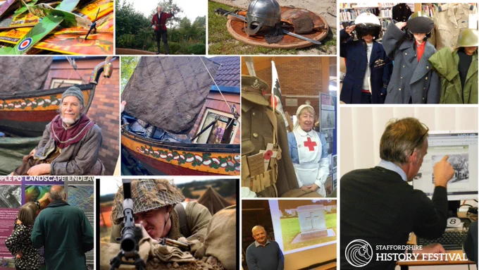 Collage of History related activities and providers including Vikings, WW2 soldiers, WWI display and nurse, children in dressing up clothes, person looking at a display, man pointing at an computer screen, toy aeroplane