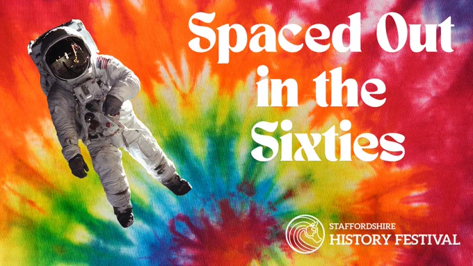 Spaced out in the Sixties on a psychedelic background with an astronaut floating