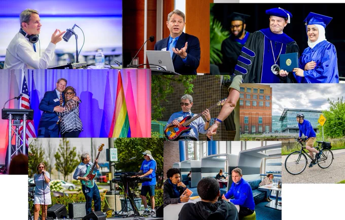 A collage of eight images of Steve Robinson performing duties as President of Lansing Community College. He is pictured speaking into microphones, speaking from podiums, playing bass guitar in a band, sitting with students, riding a bicycle, and presenting a diploma at graduation.