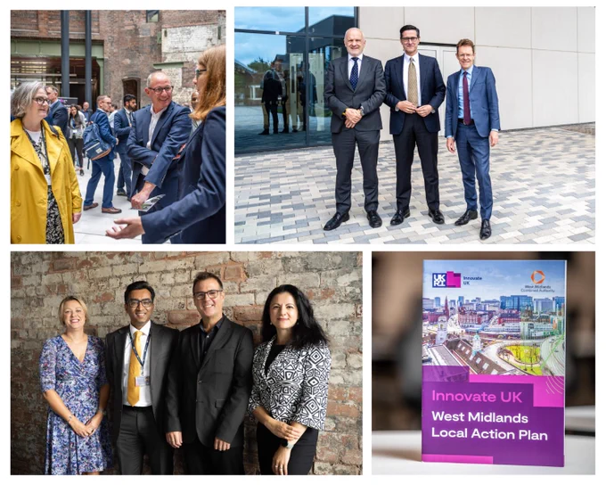 Photo montage of the West Midlands Action Plan launch, including a photo of Indro Mukerjee, CEO at Innovate UK, Andy Street, Mayor of West Midlands, and John Raftery, Vice Chancellor and Chief Executive, University of Wolverhampton.