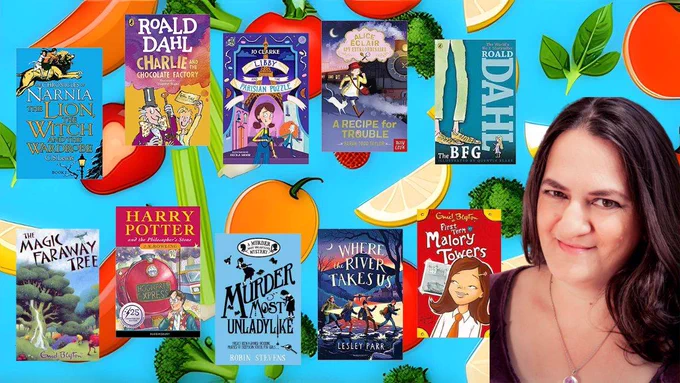 A photo of Lorraine Gregory plus the front covers of The Lion, The Witch and the Wardrobe; Charlie and the Chocolate Factory; Libby and the Parisian Puzzle, Alice Eclair Spy Extraordinaire: A Recipe for Trouble; The BFG; The Magic Faraway Tree; Harry Potter and the Philosopher's Stone; Murder Most Unladylike; Where the River Takes Us and First Term at Malory Towers