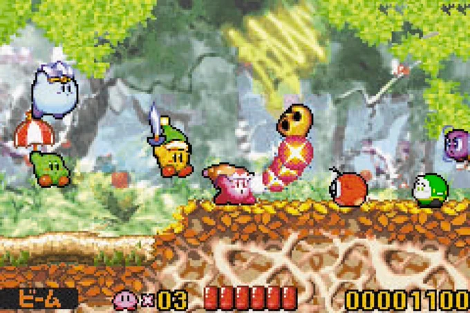 Kirby and his friends attacking Kabu, Waddle Doo, Asriel Waddle Deemurr, and Bronto Burt.