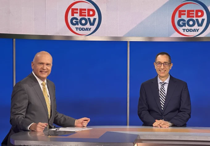 Photo of Francis Rose (right) and Asif Khan (left) on the set of Fed Gov Today. 