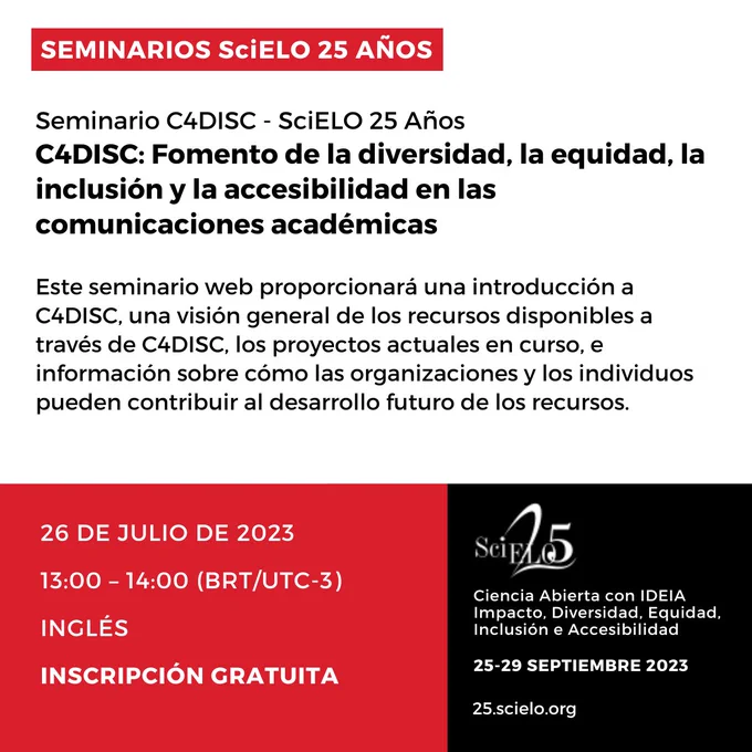 Pieza promocional para el seminario "C4DISC: Fomento de la diversidad, la equidad, la inclusión y la accesibilidad en las comunicaciones académicas".