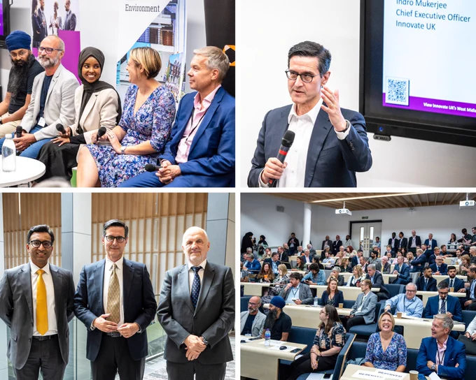 Photo montage from the West Midlands Action Plan Launch. Indro Mukerjee, CEO at Innovate UK, delivered a keynote to a packed audience. A panel session presented to discuss business innovation in the West Midlands. Indro is also pictured with Prashant Pillai and John Raftery from the University of Wolverhampton.