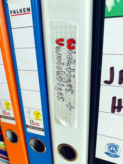 Vier Ordnerrücken. Auf einem steht „Wichtiges und Unwichtiges“