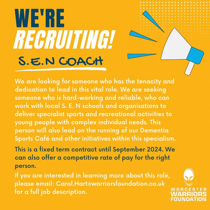 Vacancy for S.E.N coach, for more information email carol.hart@warriorsfoundation.co.uk