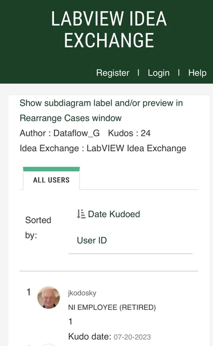 Screenshot of an idea submitted by me on the LabVIEW idea exchange forum, showing a kudo from Jeff Kodosky, the “father of LabVIEW”