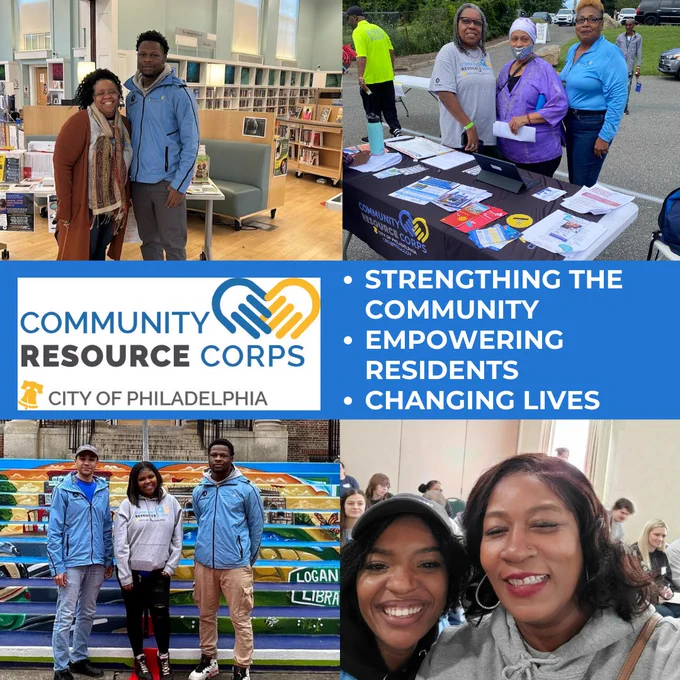 Graphic with four photos and the CRC Logo and text in the middle. Text reads, "Strengthening the community. Empowering residents. Changing lives." The photo on the top left is of 2 people in the library; the person on the right is wearing a CRC blue jacket. The top right is of 3 CRC members standing behind a resource table at an outdoor event. The bottom right photo is a close up photo of two CRC members. The bottom left is of three CRC members in branded clothing standing in front of the Logan library's muraled steps.
