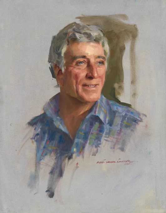 Bust painting of a man with gray hair smiling. He wears a blue collared button-up shirt that fades into the cream background in brushstrokes.  