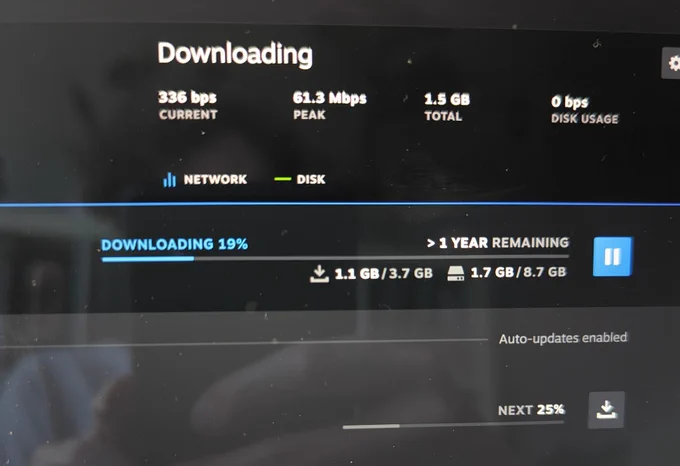 Steam download page showing my download is gonna take over 1 year at the fabulous speed of 336 bits per second 💨