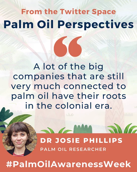 Text: From the Twitter Space, Palm Oil Perspectives, "A lot of the big companies that are still very much connected to palm oil have their roots in the colonial era." - Dr Josie Phillips, Palm Oil Researcher
