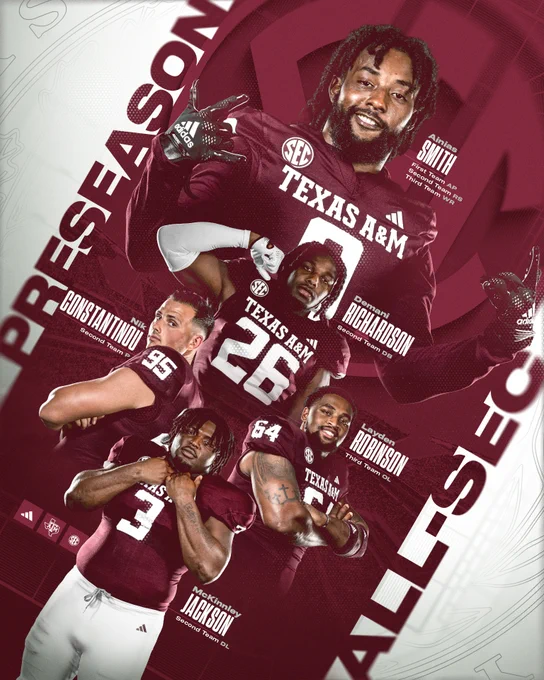 Ainias Smith, Nik Constantinou, Demani Richardson, Layden Robinson and McKinnley Jackson were named to the Preseason All-SEC Team, announced by the league office Friday. 