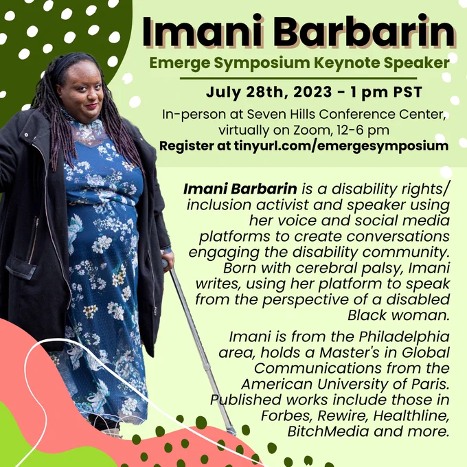 A square, pale green digital flyer with green and pink blob shapes in the corners. Overlaid are dark green and white polka dots. A thin green squiggle sits near the bottom. On the left side, an image of Imani standing with her cane. She is a dark brown-skinned person, smiling a coy smile. Imani wears a high-neck, full-length blue flowered empire-waist dress and a knee-length black jacket. Her black locs with magenta tips are held back in a headband and trail down over her shoulders. 