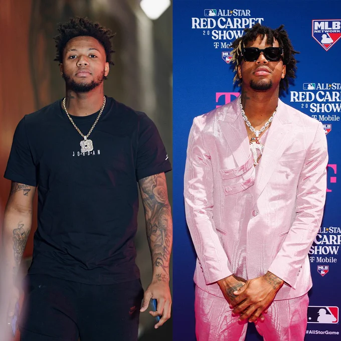 Side by side pictures of Ronald Acuña Jr.

On the left underneath the Oppenheimer portion of the caption, Ronald is dressed in all black as he arrives to the Braves Clubhouse at Truist Park. On the right underneath the Barbie portion of the caption, Ronald is dressed in a pink suit on the 2023 All-Star Game Red Carpet.