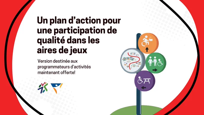 Description de l’image : Le texte se lit comme suit : « Un plan d’action pour une participation de qualité dans les aires de jeux... version destinée aux programmateurs d’activités maintenant offerte ». Deux logos figurent au bas : celui du Centre Steward et celui du Projet canadien sur la participation sociale des personnes en situation de handicap. À droite se trouve une illustration montrant quatre signes d’accessibilité différents.