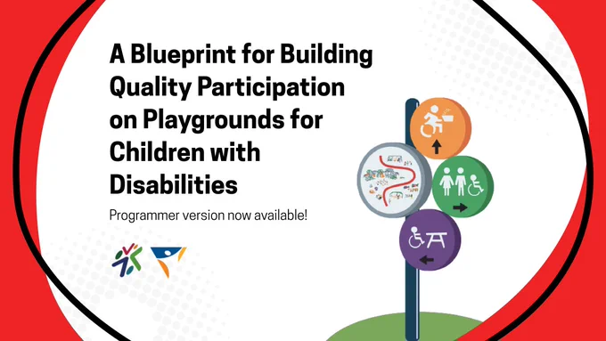 [Image Description: Text reads “A Blueprint for Building Quality Participation on Playgrounds for Children with Disabilities … Programmer version now available”. Below are two logos: the Steward Centre and the Canadian Disability Protection Project. On the right, is a post with four different accessibility signs.]