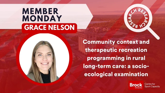 This is a Member Monday Post about the Centre for Sport Capacity's Coordinator, Grace Nelson. On the left side of the post, there is text saying "Member Monday" and "Grace Nelson." Underneath the text, there is an image of Grace in a circle frame. On the right, there is the title of the research she did. It is titled "Community context and therapeutic recreation programming in rural long-term care: a socio-ecological examination." 