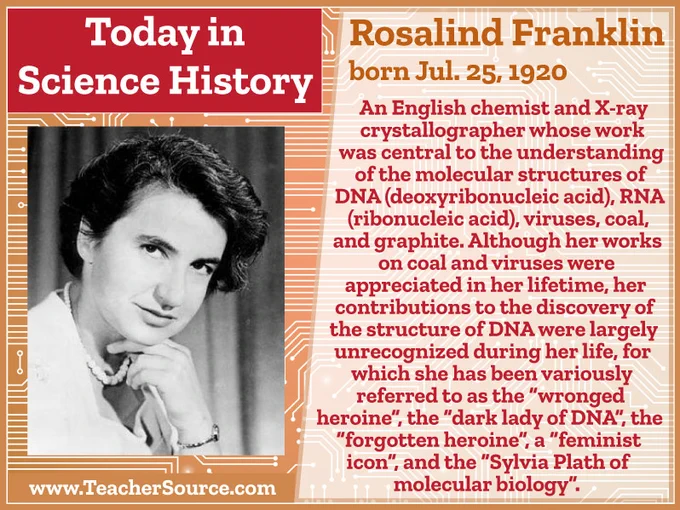 Rosalind Franklin was born on July 25, 1920. An English chemist and X-ray crystallographer whose work was central to the understanding of the molecular structures of DNA (deoxyribonucleic acid), RNA (ribonucleic acid), viruses, coal, and graphite. Although her works on coal and viruses were appreciated in her lifetime, her contributions to the discovery of the structure of DNA were largely unrecognized during her life, for which she has been variously referred to as the "wronged heroine", the "dark lady of DNA', the "forgotten heroine", a 
"feminist icon", and the "Sylvia Plath of molecular biology".