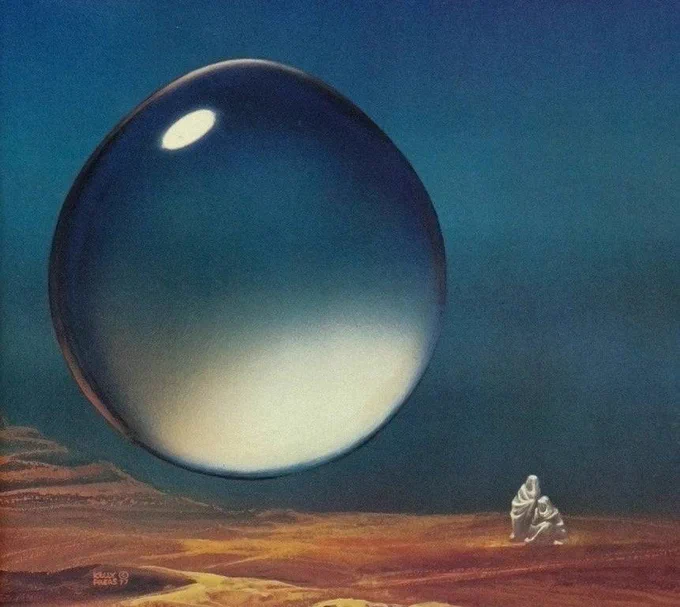 Two figures in white robes in the desert stare at a massive translucent sphere hovering near them.