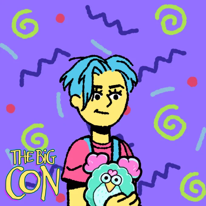 A woman with short, messy blue hair, wearing a red t-shirt and blue overalls is holding a teal stuffed animal with a white stomach, pink ears, a pink heart between it's eyes, and a yellow beak. The woman stands against a bright purple 90s-style backdrop with squiggles. There is yellow text in the bottom left corner that reads: "THE BIG CON".

This was made with our The Big Con-themed character creator!