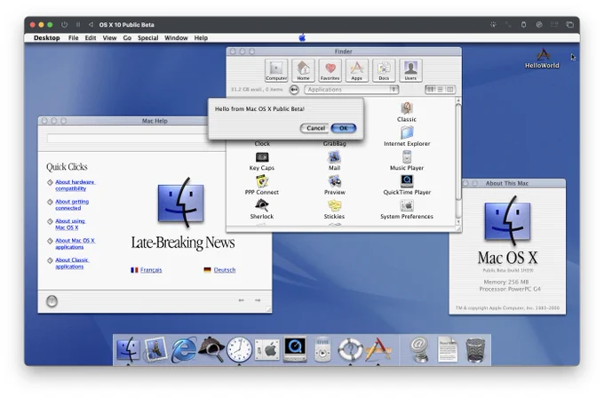 a screenshot of Mac OS X Public Beta (Build 1H39) running in UTM on my M1 MacBook Pro. to the left is a window with the old "Late-Breaking News" Mac Help documentation, in the middle is a Finder window with the old layout, and in front of that is an AppleScript dialog saying "Hello from Mac OS X Public Beta!". to the right is the "About This Mac" dialog.