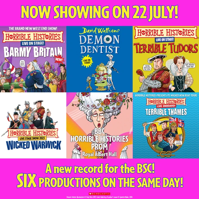 A pink background with six show artworks on. Text in yellow above and below these reads: NOW SHOWING ON 22 JULY! A NEW RECORD FOR THE BSC! SIX PRODUCTIONS ON THE SAME DAY!