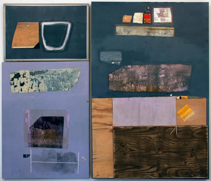 Acrylic, household paint, spray paint, varnish, detritus collage and found objects on canvas, MDF, old notice board and other substrates. 182cm X 214cm. Made in 2020 during those strange days of  covid.