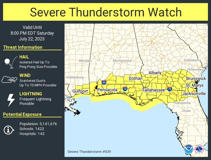 This graphic displays Severe Thunderstorm watch number 539 plotted on a map. The watch is in effect until 8:00 PM EDT. The watch includes parts of Alabama, Florida, Georgia and Mississippi. The threats associated with this watch are no tornadoes expected, isolated hail up to ping pong size possible and scattered gusts up to 70 mph possible. There are 5,141,676 people in the watch along with 1422 schools and 142 hospitals.