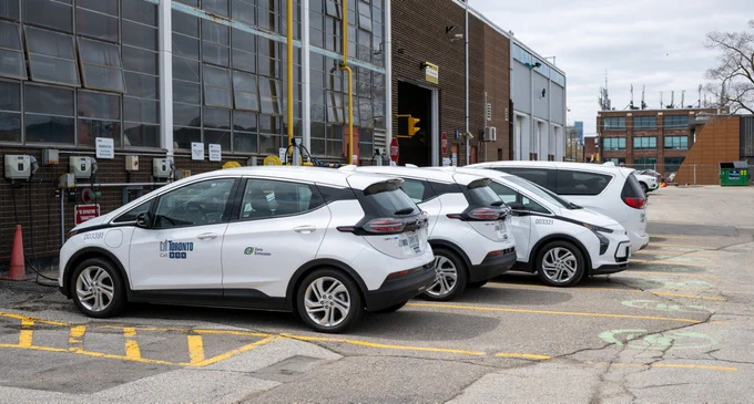 A row of City of Toronto EV fleet cars.