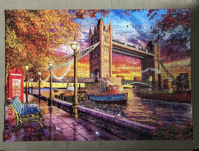 Jigsaw puzzle of Tower Bridge in London at sunset.