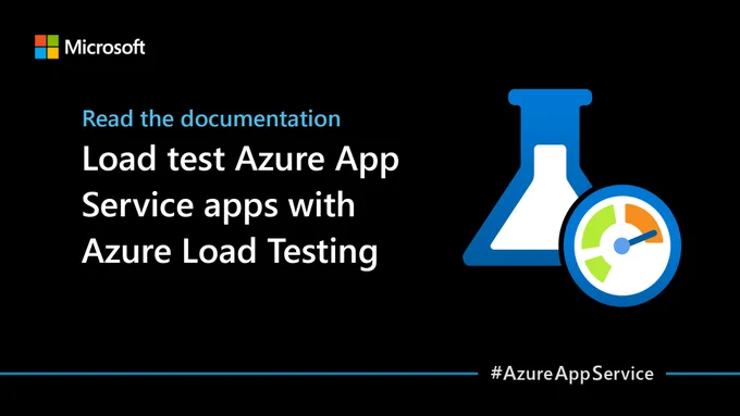 Text reads "Read the documentation. Load test Azure App Service apps with Azure Load Testing." Beaker and gauge icons.
