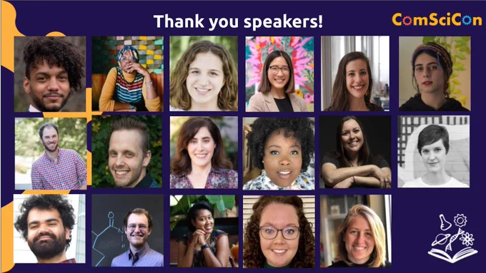 Slide showing headshots of #ComSciCon speakers. Text reads: Thank you speakers!