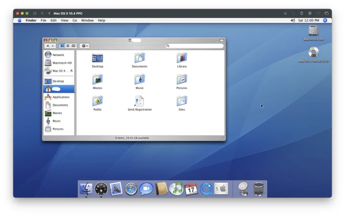 a screenshot i took of a Mac OS X Tiger VM in UTM. the only window open is Finder.