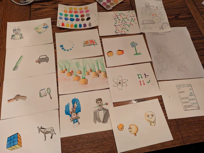About 20 small watercolor and ink illustrations, on real paper, laid out in a grid. 