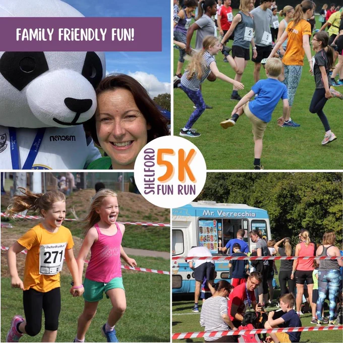 Grid of 4 photos from previous SFR events. 1 Selfie with Cambridge City FC mascot, 2 children warming up, 3 two young girls on the finishing straight, 4 ice cream van.