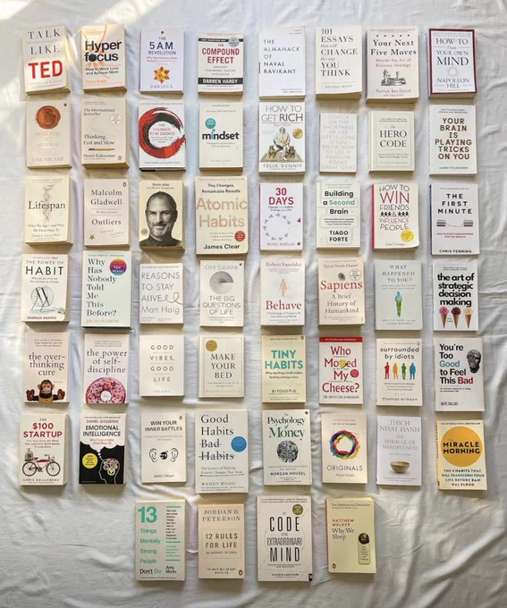 A photo of 52 self-help books.